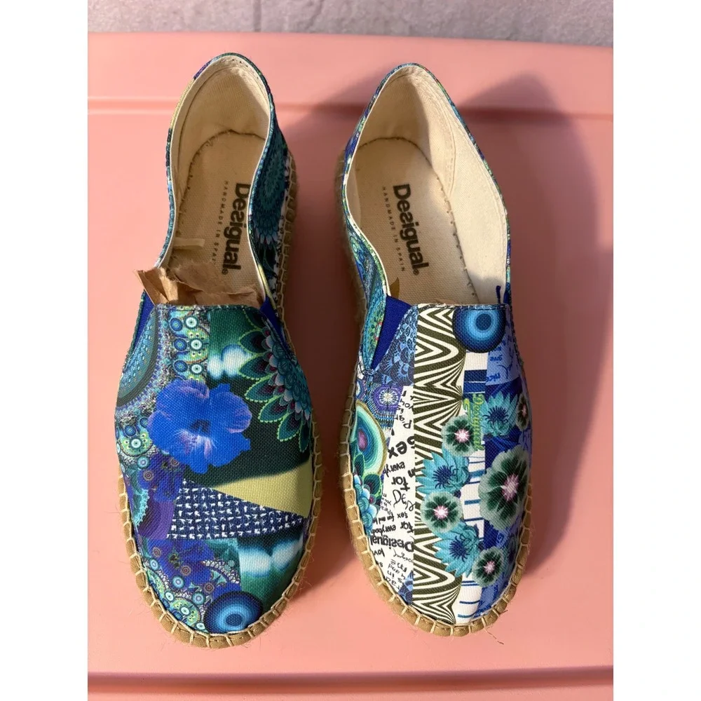 Desigual Espadrille Flats Womens Colorful Patchwork Slip On Handmade Spain 37‎